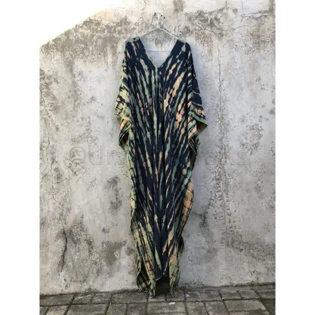 Gaun Pantai Kasual untuk Wanita, Baju Pantai Kaftan Panjang Penutup Celup Rayon Tie, Pakaian Pantai Kasual untuk Wanita