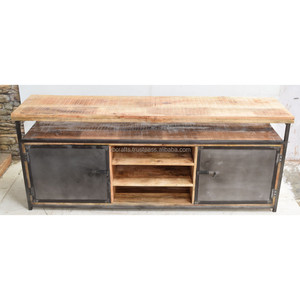 Buffet en bois de manguier de style industriel moderne européen extra long, meuble de rangement pour la maison, affichage pour le bureau, le salon, en fer et en métal - Product Image 3