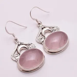 Brilliant Rose Quartz 925 Sterling Silver Earring, Trang Sức Bạc Đẹp, Trang Sức Bạc Độc Đáo