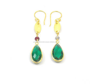 Green Quartz Gemstone Pear Shape 14K Gold Plated Brass Charm Handmade Classic Wire Wrapped Beads Fashion Hoop <b>Earring</b> Set - Product Image 1