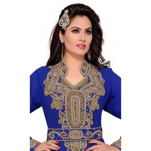 OEM Factory Customize blue  Muslim Dress Beaded work  With full  Sleeves Dark Blue Dubai Abaya