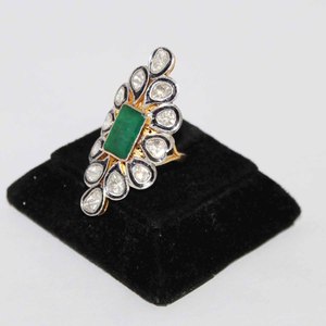 Bague plaquée or Bague en argent sterling 925 avec émeraude et diamant Polki Bijoux pour femmes - Product Image 3