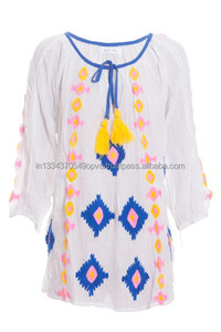 เดรสลำลองสำหรับผู้หญิงชายหาดสไตล์เซ็กซี่เสื้อคอตตอนย่นทำจากผ้าฝ้ายมีพู่ผูกคอวีเปิดด้านหน้า - Product Image 4