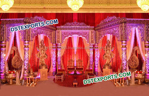 Hermosos pilares dorados tallados para etapas de recepción de bodas Elegantes decoraciones de escenario de eventos de matrimonio hindú - Product Image 4