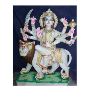 Magnifique statue de Durga Maa en marbre blanc pur, sculptée à la main, s'assise sur un lion, entièrement décorée, pour la décoration de la maison et la culte. - Product Image 5