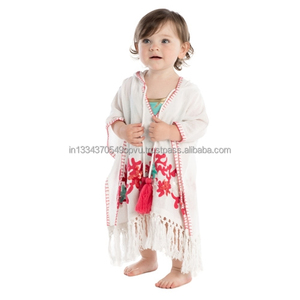 Breezy Batwing Sleeves Gorgeous Playful Exciting Beach Caftan Baby Girl Cotton Sea Coral Embroider Hooded Cover Up For Cute Kids - Product Image 1
