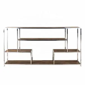 Modern Industrial Farmhouse <b>Vintage</b> Style Bookshelves Recycled Railway Sleeper Wood with Stainless Steel Frame Display <b>Bookcase</b> - Product Image 1