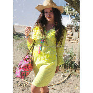 Superbe été nuances rêveuses Hippie manches Sexy col en V plage Boho robe incroyable citron couleur évider dentelle coton Tunica - Product Image 1