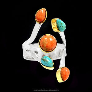 Anillo de Compromiso Clásico de Plata de Ley con Turquesa y Coral Rojo Natural al por Mayor, Engaste de Puntas para Mujer al Mejor Precio - Product Image 1