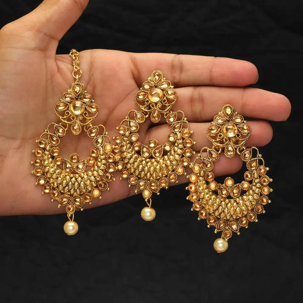 Gold Color Imitation Pearl Dangle Earrings With Maang Tikka