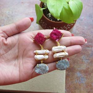 Pink & Grey Druzy Stud Agate Alloy <b>Handmade</b> Beautiful Wedding Party Gift <b>Earrings</b> - Product Image 2