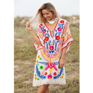 Accrocheur D'été Bohème Coton Tribal Traditionnel Robe Courte Indien Suzani Brodé Floral Femmes Boho Plage Porter Tunique - Product Image 1