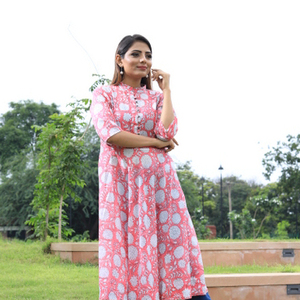 Bloque impreso diseño mughal para mujer anarkali floral kurti - Product Image 1