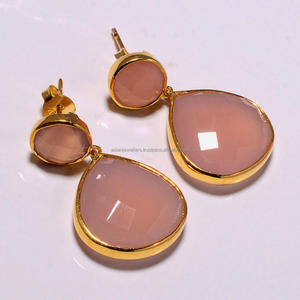 925 argent Sterling belles boucles d'oreilles faites à la main avec calcédoine rose pierres précieuses or Vermeil bijoux de mode pour cadeau de mariage - Product Image 1