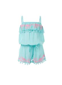 Dazzling Crewel Embroidered Ruffle Pom Pom Trim Romper <b>Jumpsuit</b> Cute Little Girls Cool Elasticated Waist Beach Playsuit Sundress - Product Image 2