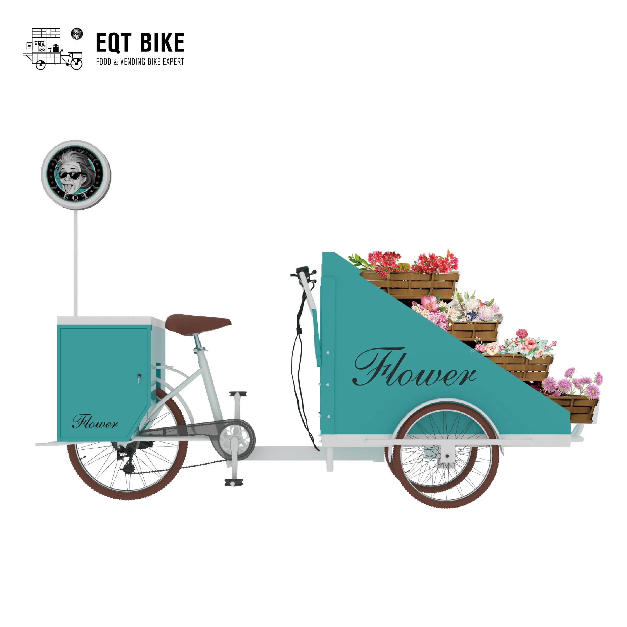 Bicicleta eléctrica de carga con diseño de flores y frutas, vehículo expendedor de comida callejera