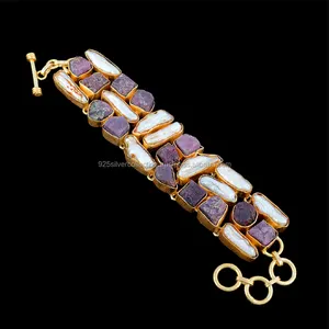 Pulsera ajustable personalizada de rubí áspero chapado en oro y piedra perla Biwa, pulseras de tenis de moda - Product Image 1