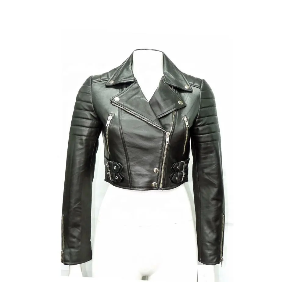 ladies Black Short women's Fashion leather jacket Custom size