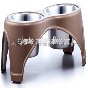 Ensemble de bols profonds pour animaux de compagnie avec support en plastique de couleur marron Double dîner en acier inoxydable chien antidérapant personnalisé pas cher personnalisé - Product Image 1