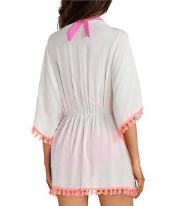 Vêtements de plage couverture Ups caftan maillots de bain et vêtements de plage brodé à fleurs ourlet frangé Epire taille Sexy Poncho court tunique Sarong robe - Product Image 2