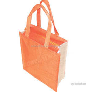 Orange Jute Shopping <b>Bag</b> with Front Pocket Mini Size Geometric Pattern Long Handle for Party Use-Lowellcraft - Product Image 3