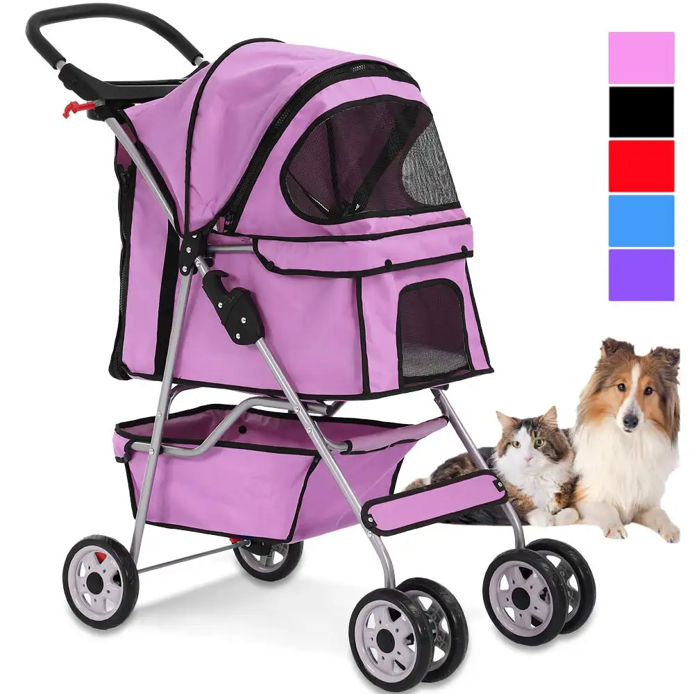 4 Wheels Pet Stroller Cat Dog Cage Stroller Travel Folding Carrier with Cup Holders and Removable Liner for Small-Medium Dog