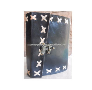 Wholesale Handmade vintage plain cross stitch with <b>lock</b> closure black leather notebook - Product Image 1