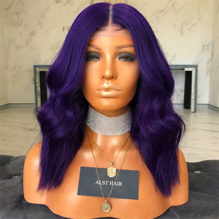 Preplucked hairline 100% human hair short wavy dark purple bob wigs for women