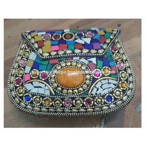 Mosaic Indian Style Bohemian Messenger Bags Luxury Evening Metal Clutch Bags Women's Boho Wedding Handmade Purse Pearl Frame - Product Image 3