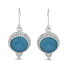 Pendientes de Plata de Ley .925 con Calcedonia Aqua, Forma Redonda, Diseño de Diseñador, Joyería Hecha a Mano de Estilo Vintage - Product Image 1