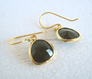 925 Sterling Silver <b>Earrings</b> with <b>Black</b> <b>Onyx</b> Gemstone Gold Vermeil Stylish Trendy Design for Weddings Parties and Gifts - Product Image 1