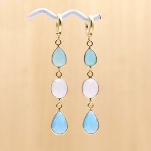 Boucles d'oreilles uniques en pierre de lune et calcédoine, bijoux élégants, plaqué or, cerceau style lunette, ensemble de boucles d'oreilles longues et délicates, cadeau de paires - Product Image 2