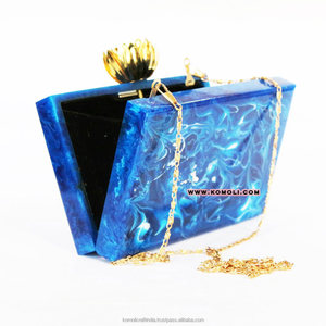 กระเป๋าคลัทช์โลหะลายหินอ่อนสีน้ำเงินอินเดีย กระเป๋าอะคริลิกเรซิ่นลูไซต์ คอลเลคชั่นวินเทจ - Product Image 2