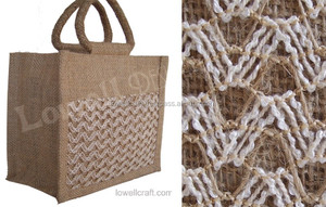 LowellCraft Jute Tote <b>Bag</b> with Lattice Design Open Closure Bohemian Style Made in Delhi for Shopping - Product Image 4