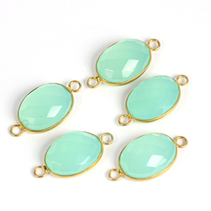 Aqua Chalcedony 18X13 MM Oval Gemstone Bisel Charms Conector Doble Bail Loop Chapado en oro - Product Image 1