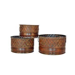 กระถางดอกไม้และชุดปลูกต้นไม้ทรงกลมทำด้วยมือทำจากโลหะทองแดง3ชิ้น - Product Image 1