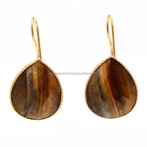 Pendientes de Plata de Ley Vermeil, Conjunto de Bisel de Oro, Ojo de Tigre, Piedras Preciosas, Regalo de Boda y Fiesta - Product Image 1