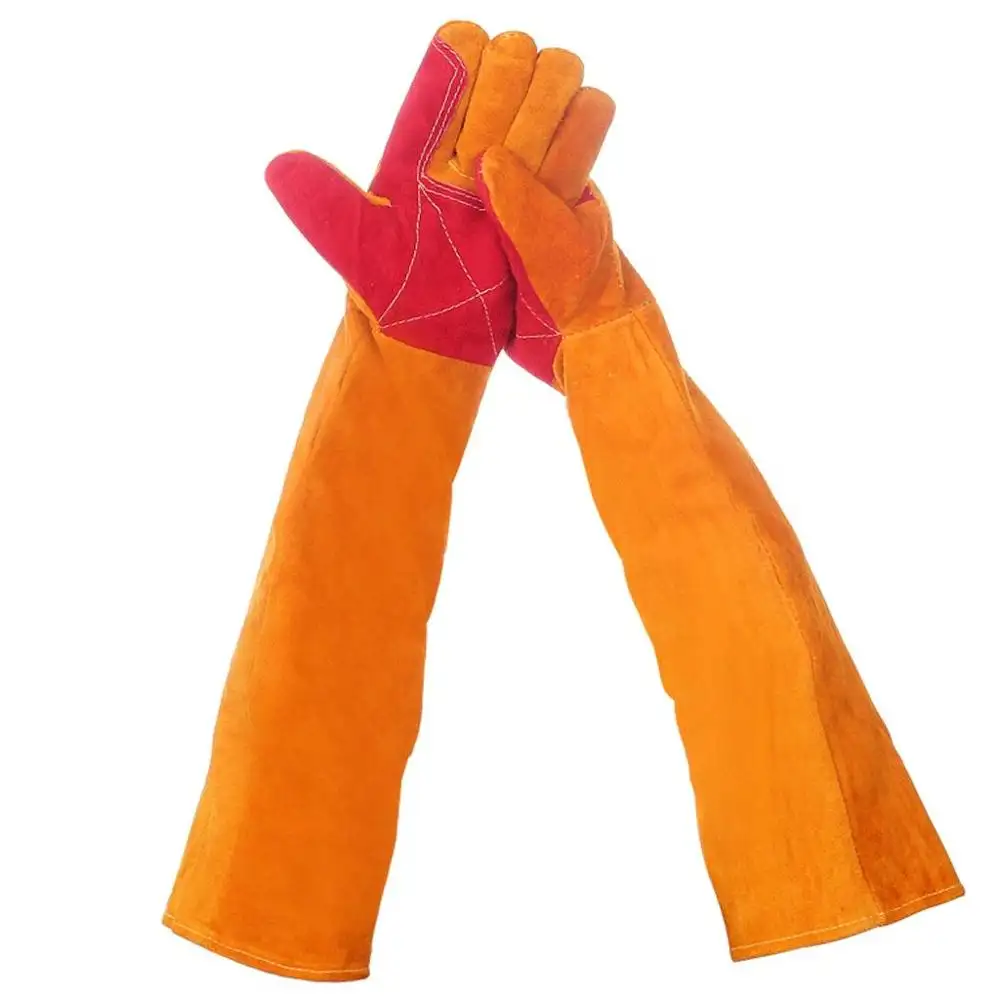 Guantes de soldadura ignífugos de cuero de vaca de manga larga, protección de manos, de seguridad Industrial, cuero partido, calidad prémium