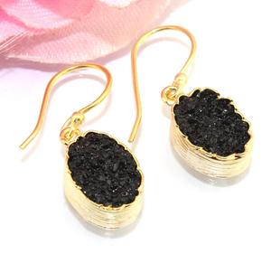 Boucle d'oreille ovale classique cristal naturel sucre noir druzy goutte boucle d'oreille plaqué or 18 carats finition brossée pince réglage gouttes - Product Image 1