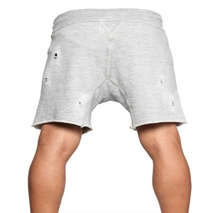 custom oem <b>Men's</b> Gray Raw Cut ripped rough Distressed Cotton Fleece <b>Shorts</b> - Product Image 1