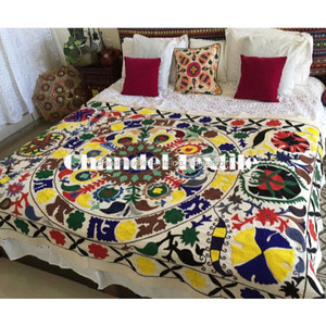 Indian Embroidered Bed Sheet Suzani Bed Cover Suzani Bedspread Floral <b>Quilt</b> Bohemian Decor Ethnic Embroidery Tapestry Runner - Product Image 3