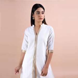 Longue robe en coton blanc pour femmes, vêtement de styliste, Kurti, tenue d'été, avec fente avant, - Product Image 3
