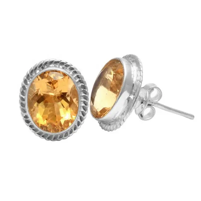 Yellow Citrine Oval Gemstone 925 Sterling Silver Beautiful Stud Earrings Jewelry