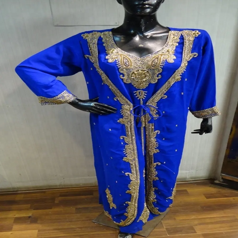 Hermosa islámica Farsha Muslimah Abaya Jalabiya ropa azul de estilo turco marroquí