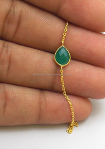 Handmade Gold Plated Sterling <b>Silver</b> <b>Bracelet</b> Green Onyx Multi-Gemstone with Pear Shape CZ Birthstone Natural <b>Charm</b> <b>for</b> Gift - Product Image 5