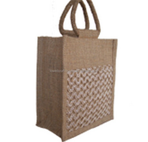 LowellCraft Jute Tote <b>Bag</b> with Lattice Design Open Closure Bohemian Style Made in Delhi for Shopping - Product Image 1