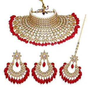 Red Color Padmavati Style Choker Kundan Necklace Gold Necklaces Popular Women&#39;s Alloy Charm Necklaces Jewelry Handmade Craft