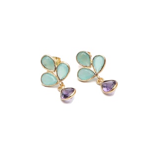 Pendientes de latón chapados en oro para mujer Aqua Calcedonia púrpura amatista piedras preciosas Checker Cut Stud diseño bisel ajuste Push Back - Product Image 2