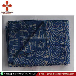 Indian Cotton Fabric Tie Dye <b>Bedspread</b> Embroidered Indigo Kantha Quilt - Product Image 1