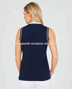 Polo de algodón a granel con logotipo bordado, Polo liso personalizado para mujer, Polo de manga a rayas con media cremallera - Product Image 2